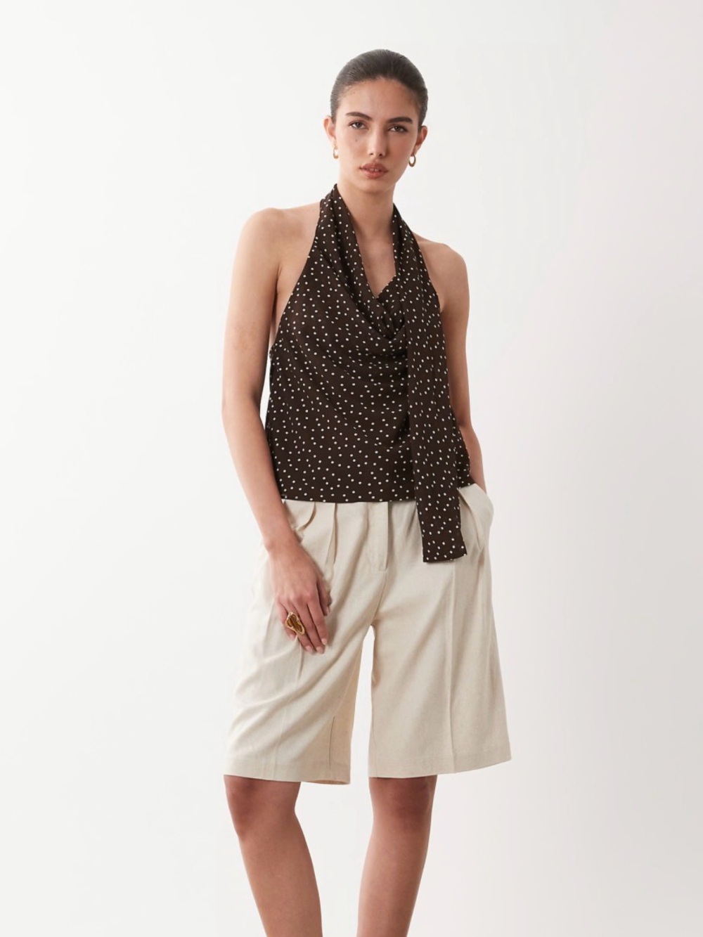 Mango Brown Polka Dot Cowl Neck Sleeveless Top